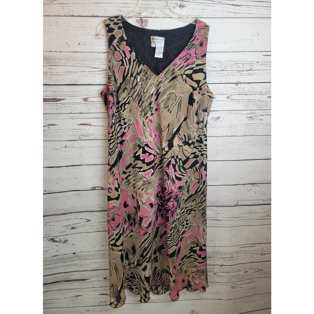 Dress-U-II Midi Shift Dress Pink Brown Abstract Animal Lined Sleeveless Size 22